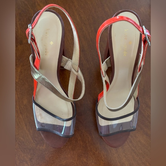 Kate Spade Platform Clear Orange Gold Brown Open Toe Heels - Picture 2 of 9